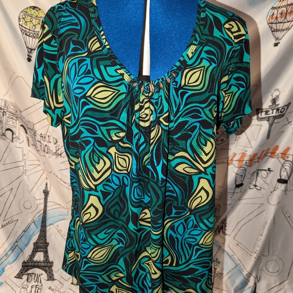 Woman's East 5th multi-color geometric pattern blouse, green, Blue &Black